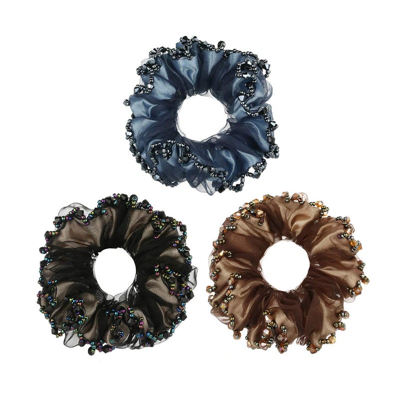 Cottvott 3/pack Chiffon Hair Rope Yarn Beads Hair Ties Women Hair Accessories Scrunchies (blue-black-coffee) - Image 1